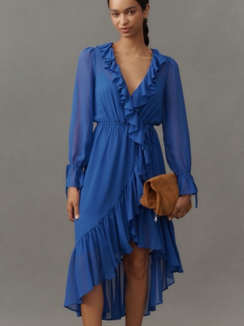 NWT Anthropologie Long-Sleeve Ruffled
Asymmetric Midi Dress in blue, S